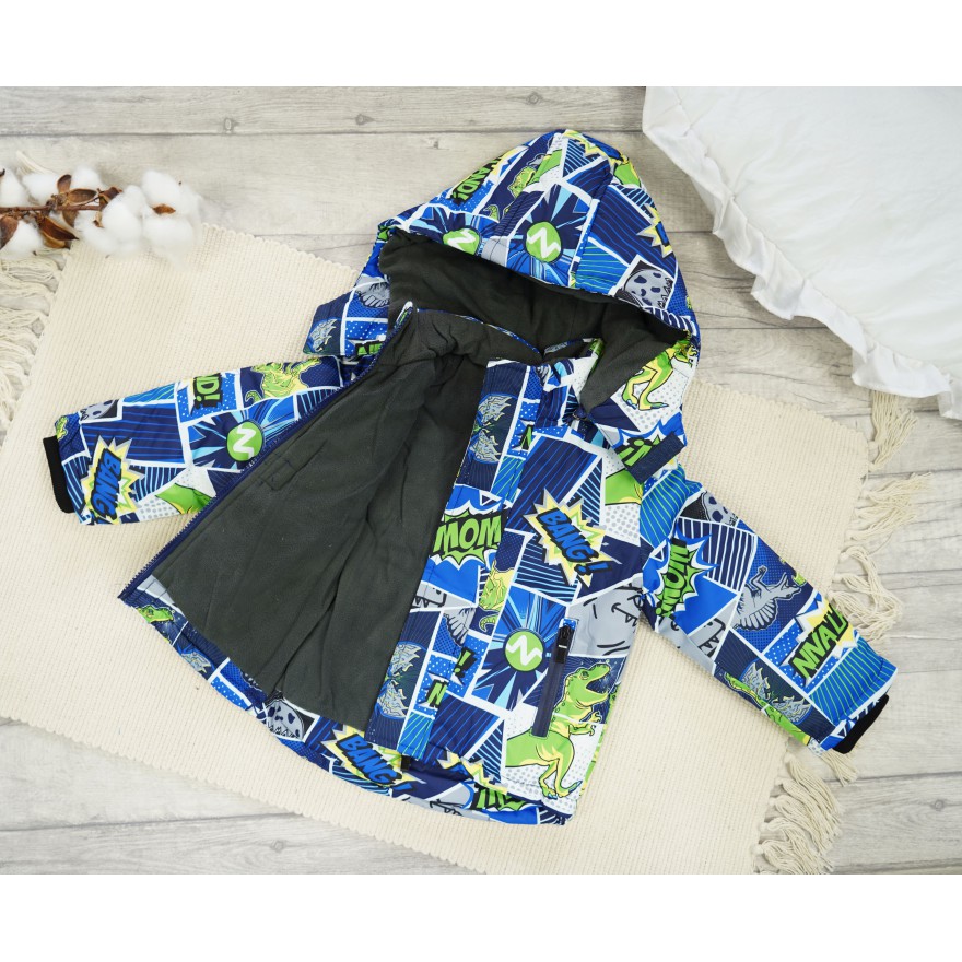 ZIMOWY KOMBINEZON dwuczęściowy dinozaury komiks kurtka z niebieskim i granatowe spodnie