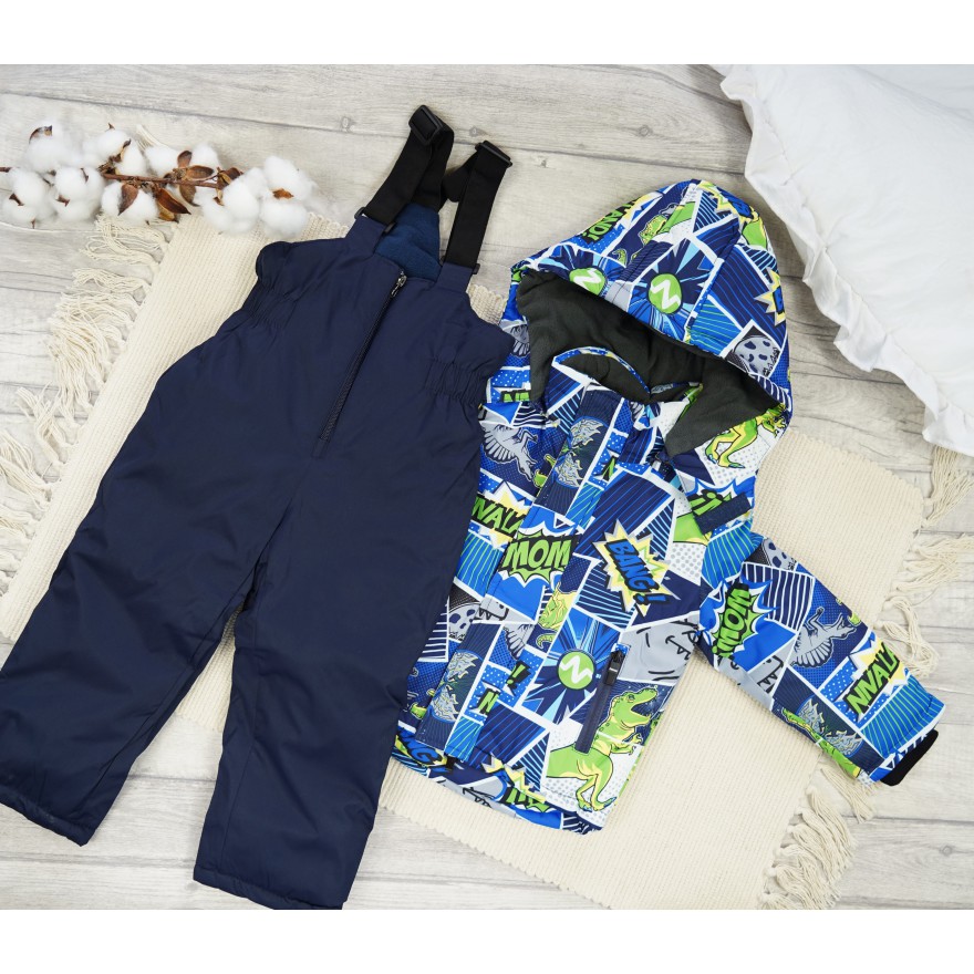 ZIMOWY KOMBINEZON dwuczęściowy dinozaury komiks kurtka z niebieskim i granatowe spodnie