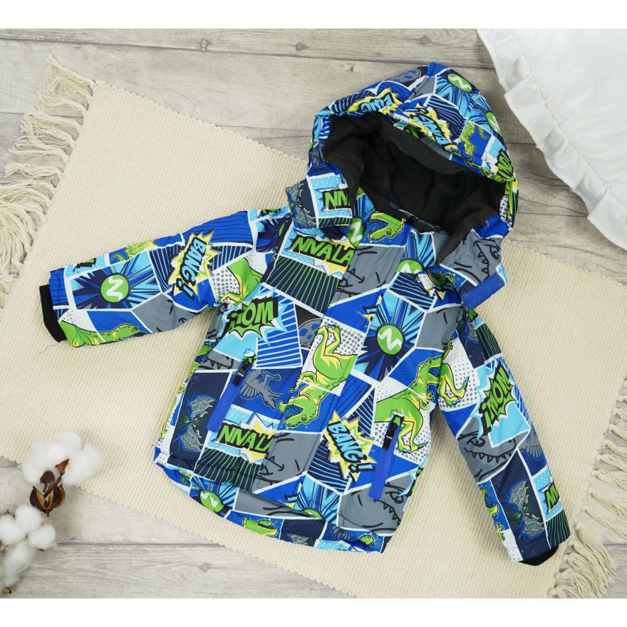 ZIMOWY KOMBINEZON dwuczęściowy dinozaury komiks kurtka z bekitnym i czarne spodnie