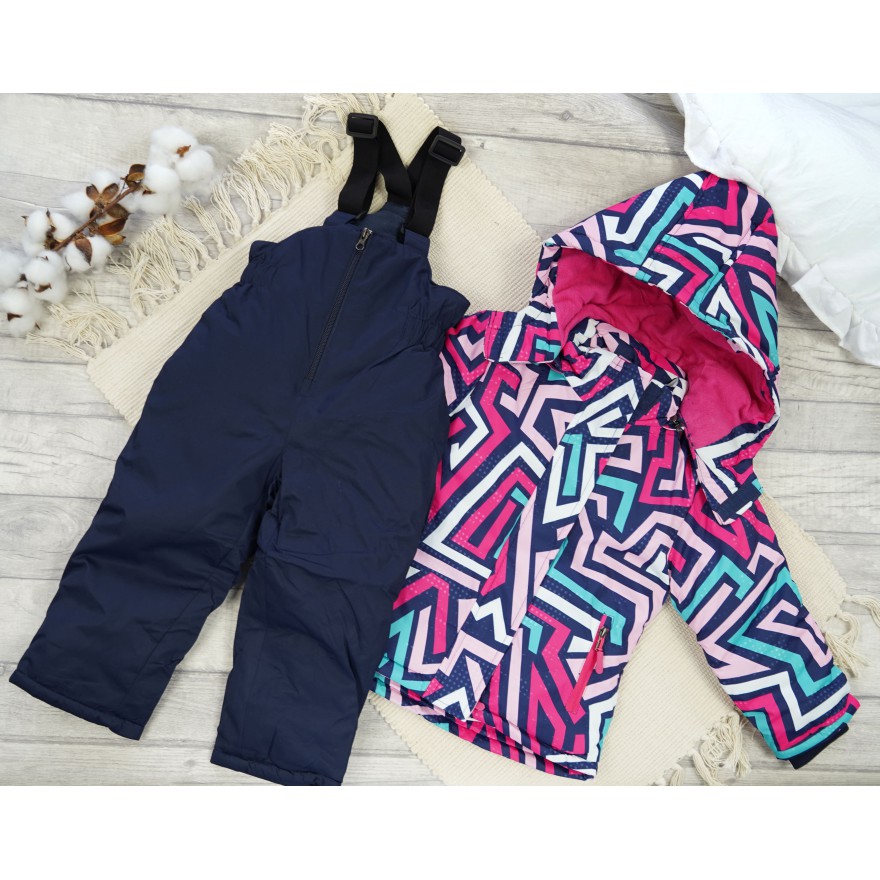 ZIMOWY KOMBINEZON dwuczęściowy granat w linie z turkusem kurtka + spodnie