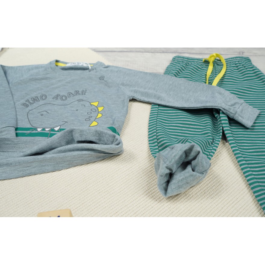 PIŻAMA dziecięca ciepła na meszku szara DINO ROAR w turkusowe paski długi rękaw