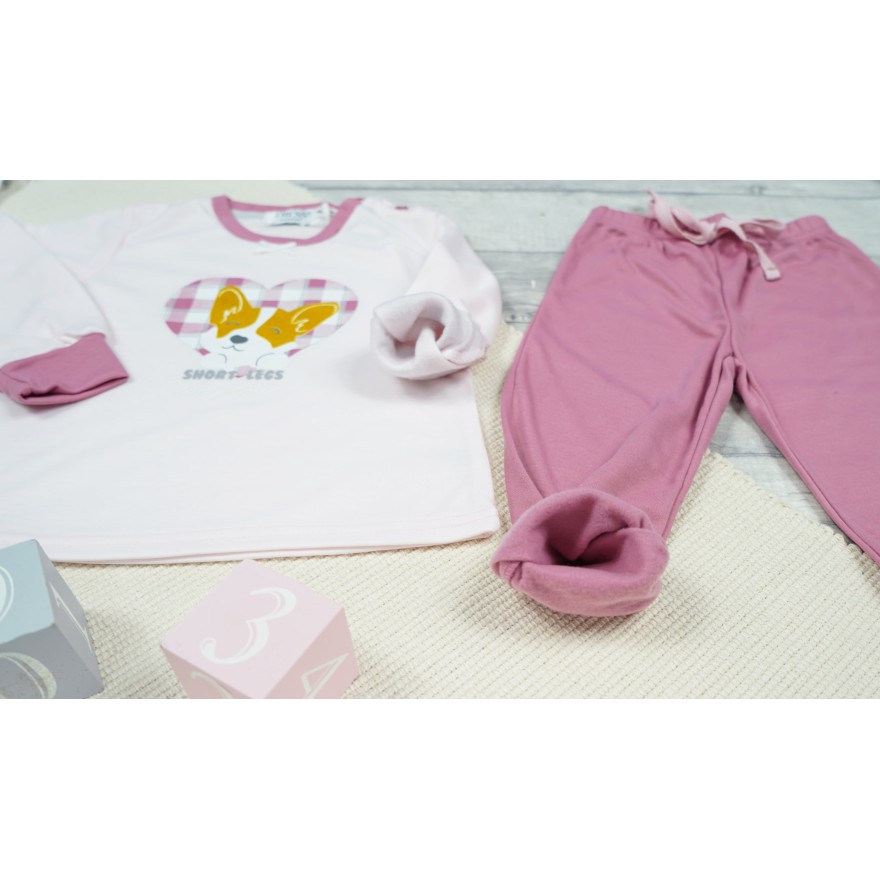 PIŻAMA dziecięca ciepła na meszku jasny róż z pieskiem długi rękaw różowe spodnie