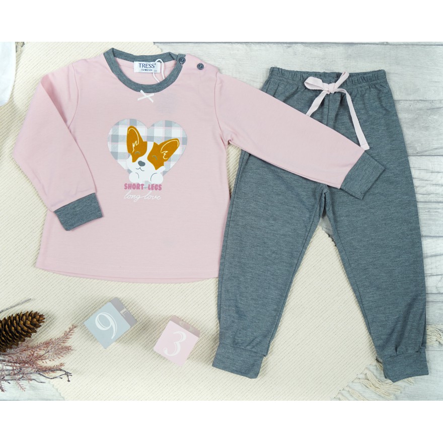 PIŻAMA dziecięca ciepła na meszku pudrowy róż z pieskiem długi rękaw szare spodnie