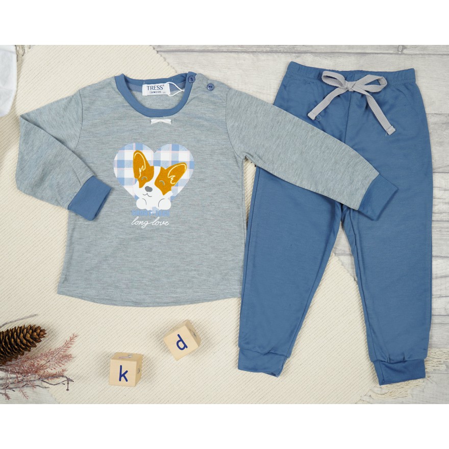 PIŻAMA dziecięca ciepła na meszku szara z pieskiem długi rękaw niebieskie spodnie