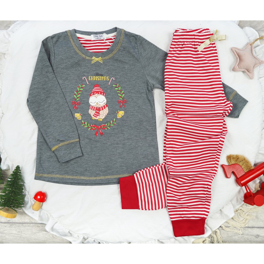 PIŻAMA dziecięca ocieplana na meszku szara z sową długi rękaw święta