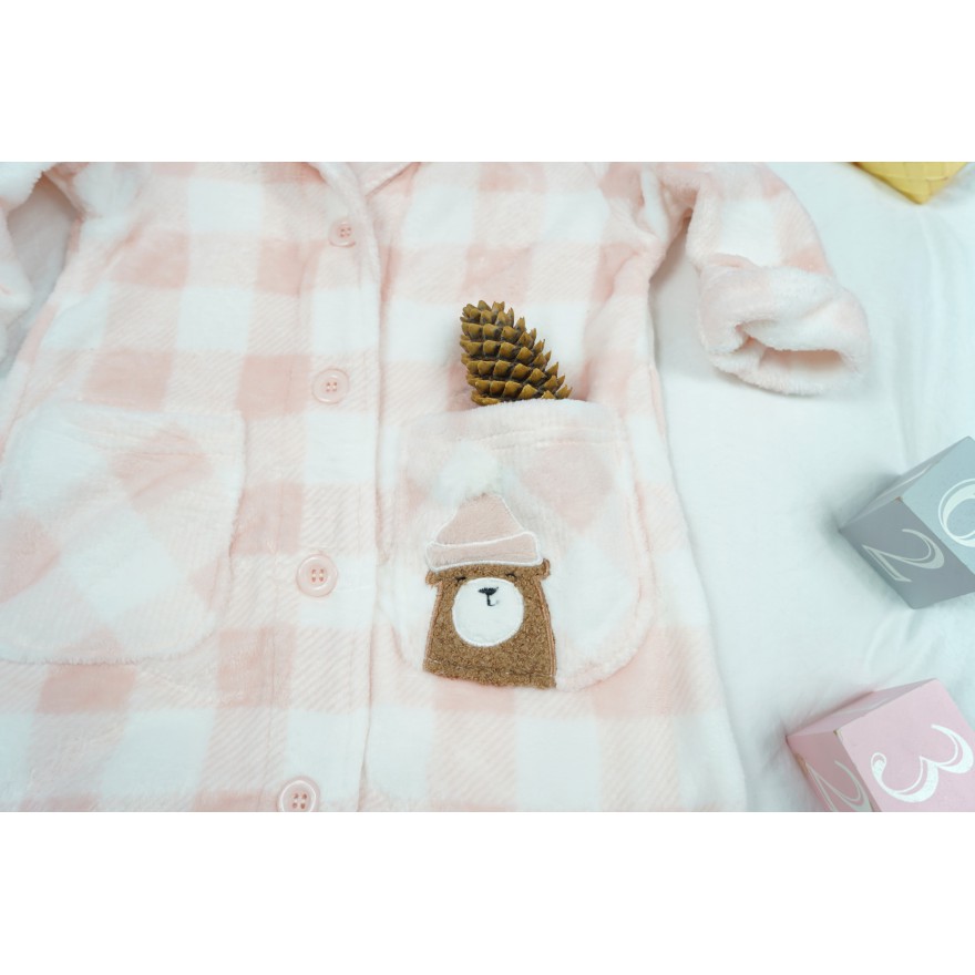 Różowy ciepły SZLAFROK dziecięcy w kratkę kieszonki z misiem