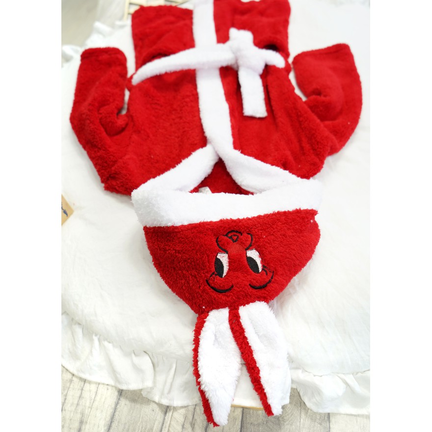 Czerwony ciepły SZLAFROK królik z kapturem wiązany święta