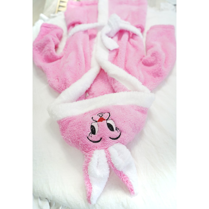 Różowy ciepły SZLAFROK królik z kapturem wiązany