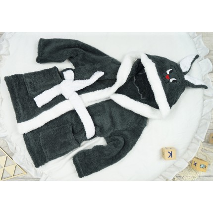 Ciemny szary ciepły SZLAFROK królik z kapturem wiązany