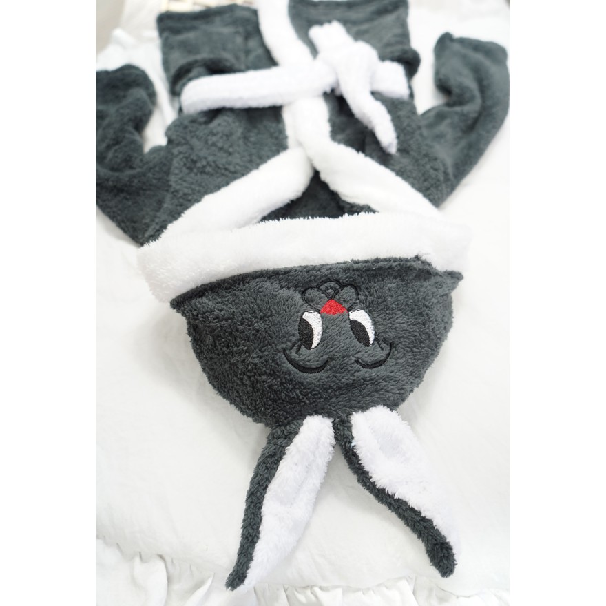 Ciemny szary ciepły SZLAFROK królik z kapturem wiązany