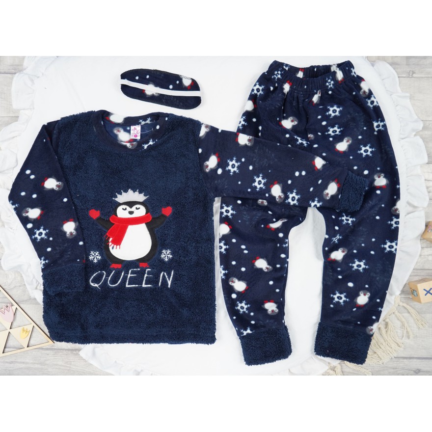 Granatowa PIŻAMA polarowa ciepła z pingwinkiem Queen święta