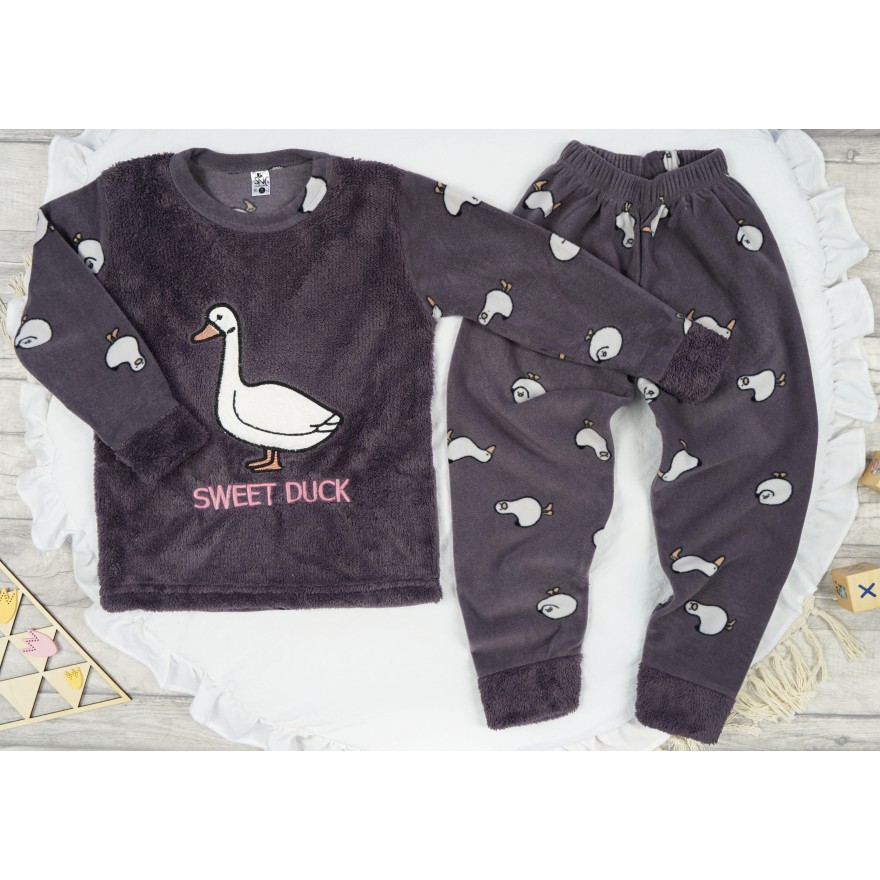 Fioletowa PIŻAMA polarowa ciepła z kaczką długi rękaw