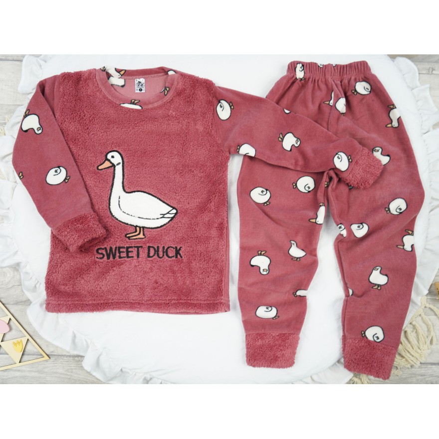Ciemny róż PIŻAMA polarowa ciepła z kaczką długi rękaw
