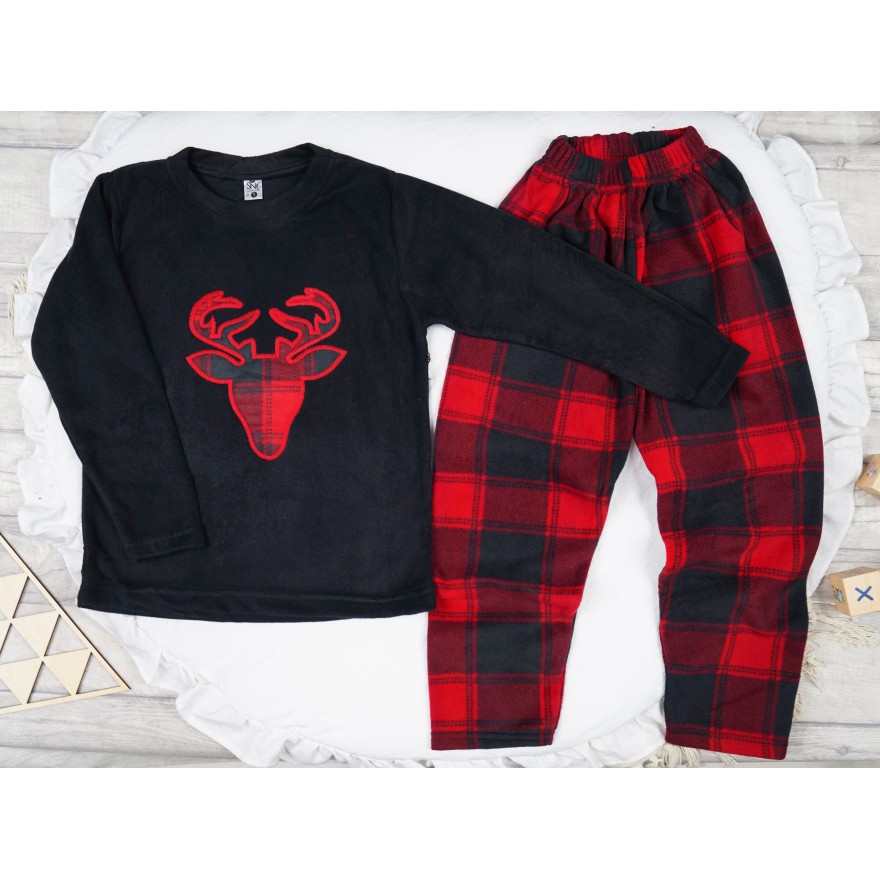 Czarno- czerwona PIŻAMA polarowa ciepła renifer długi rękaw święta