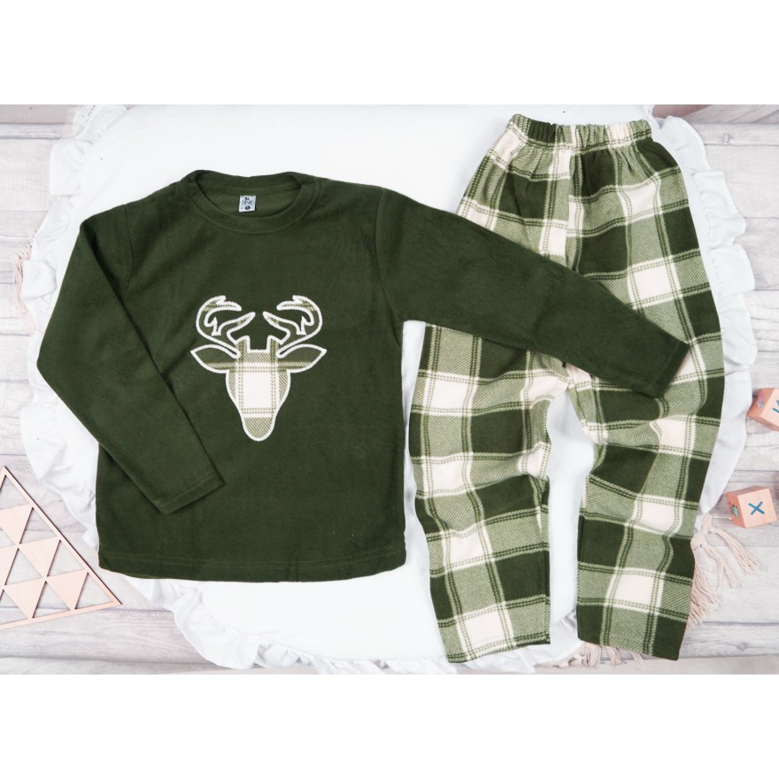 Zielona PIŻAMA polarowa ciepła renifer długi rękaw święta