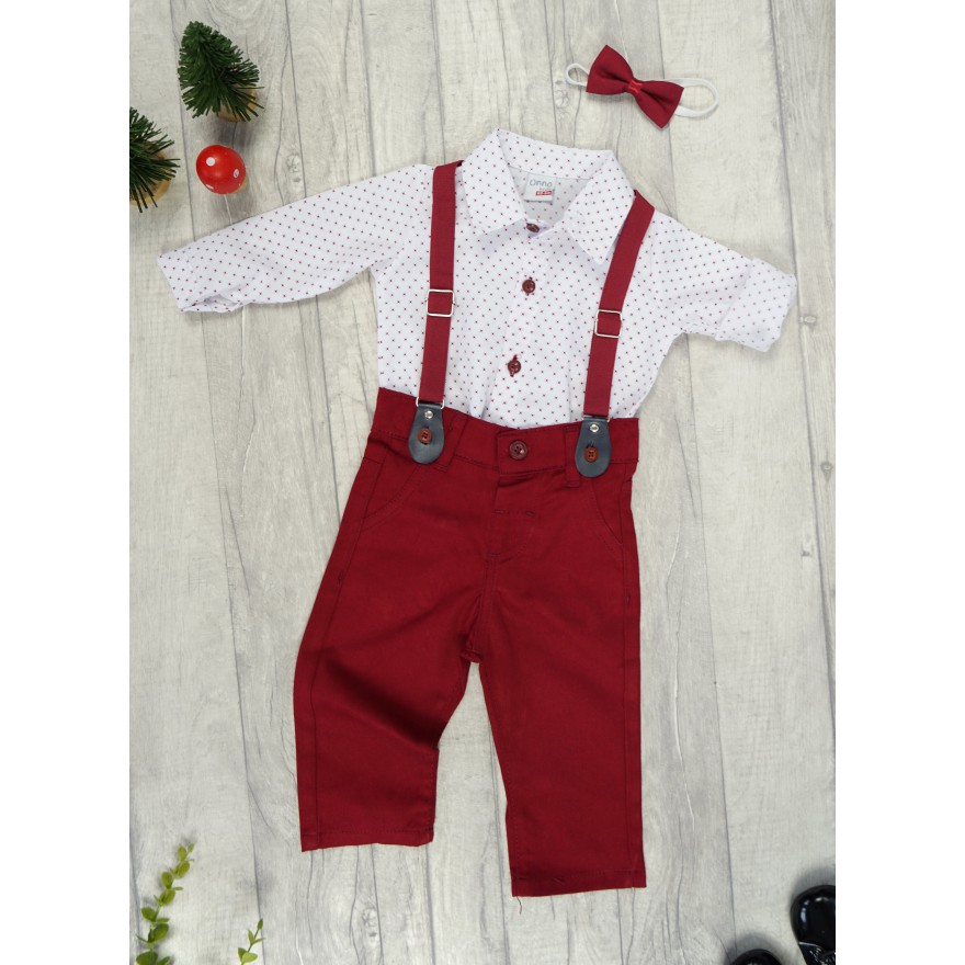 KOMPLET DLA CHŁOPCA body- koszula w kwadraciki, bordowe spodnie, muszka, szelki święta
