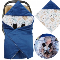 Niebieski otulacz niemowlęcy kocyk rożek z kapturkiem do wózka fotelika nosidełka wiosenno- letni wyprawka