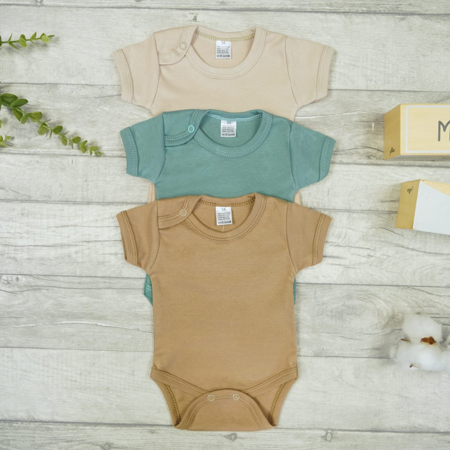 3pak BODY z krótkim rękawem szałwia beż