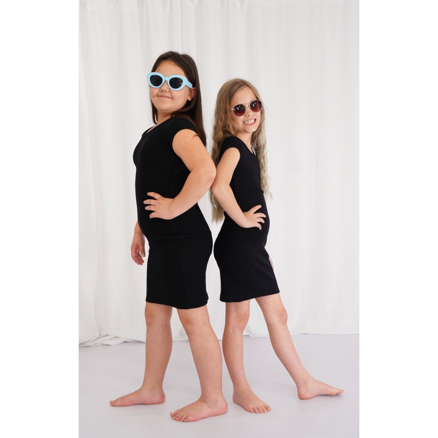 Czarna SUKIENKA bawełniana z prążka krótki rękaw szkoła dopasowana ołówkowa prążek