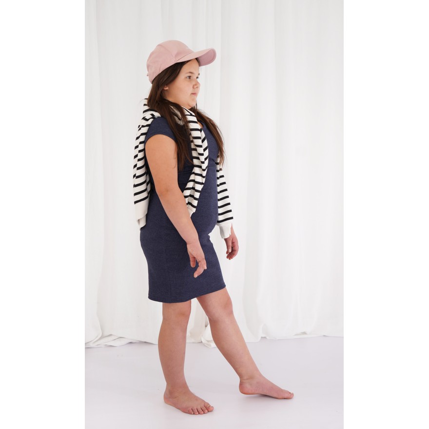 Granatowy jeans SUKIENKA bawełniana z prążka krótki rękaw szkoła dopasowana ołówkowa prążek