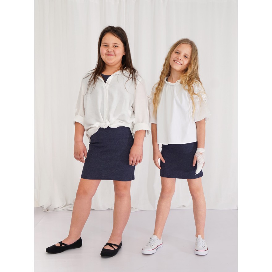 Granatowy jeans SUKIENKA bawełniana z prążka krótki rękaw szkoła dopasowana ołówkowa prążek