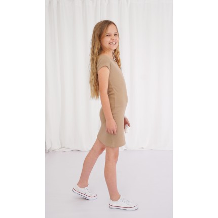 Beżowa SUKIENKA bawełniana z prążka krótki rękaw dopasowana ołówkowa prążek
