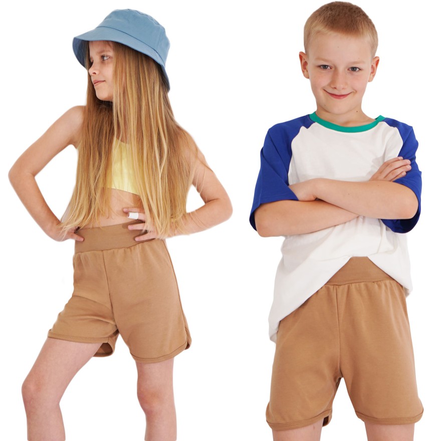 Beżowe krótkie spodenki z lamówką SZORTY LATO z wyciąganą gumką bezuciskowe