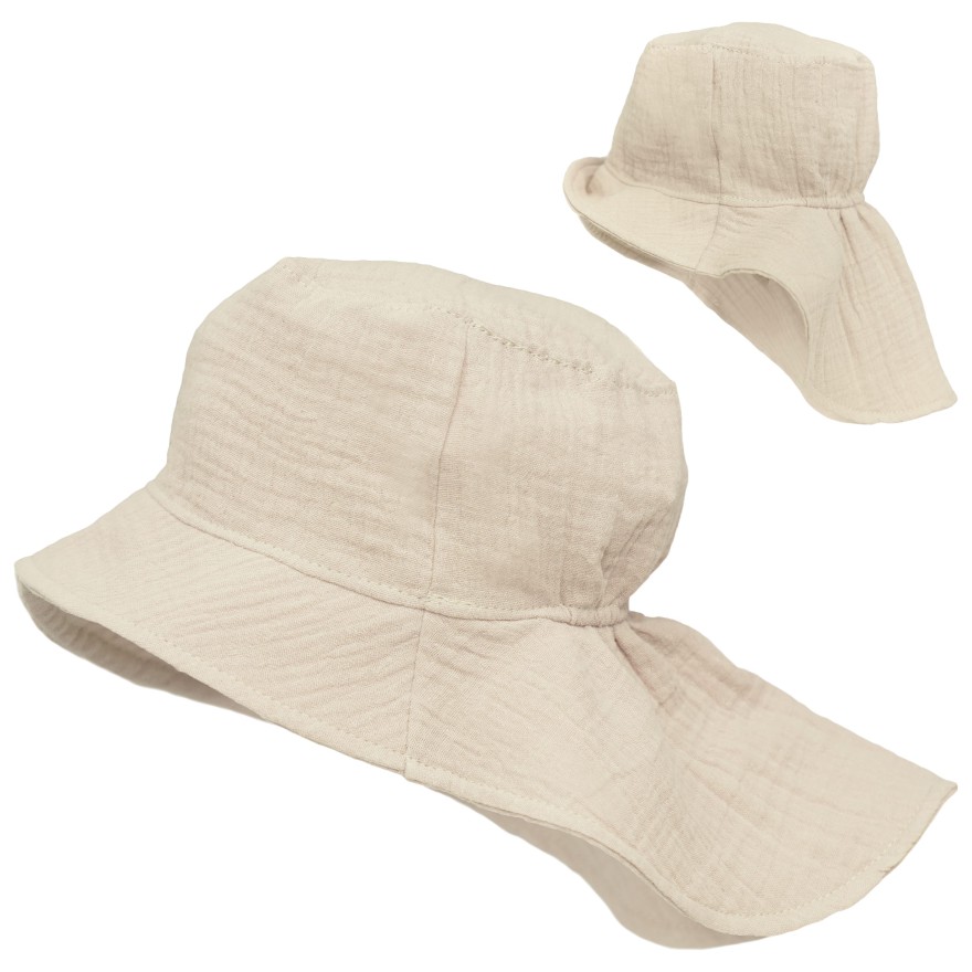 Beżowy KAPELUSZ MUŚLINOWY z ochroną na kark CZAPKA na lato