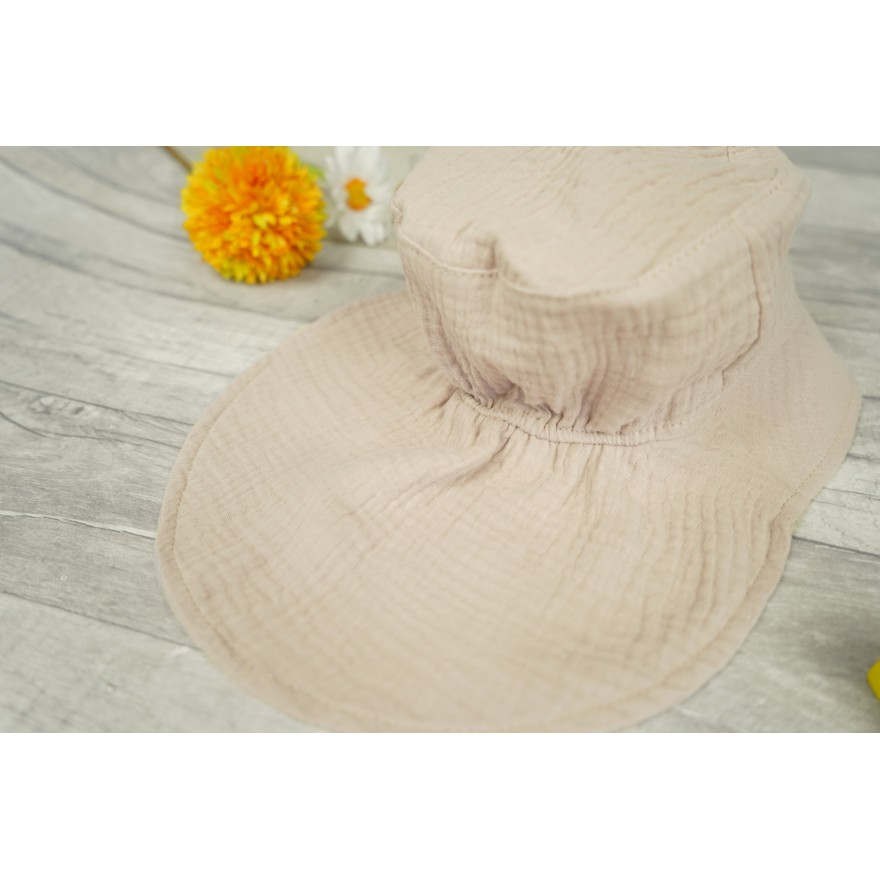 Beżowy KAPELUSZ MUŚLINOWY z ochroną na kark CZAPKA na lato