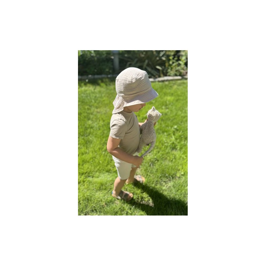 Beżowy KAPELUSZ MUŚLINOWY z ochroną na kark CZAPKA na lato