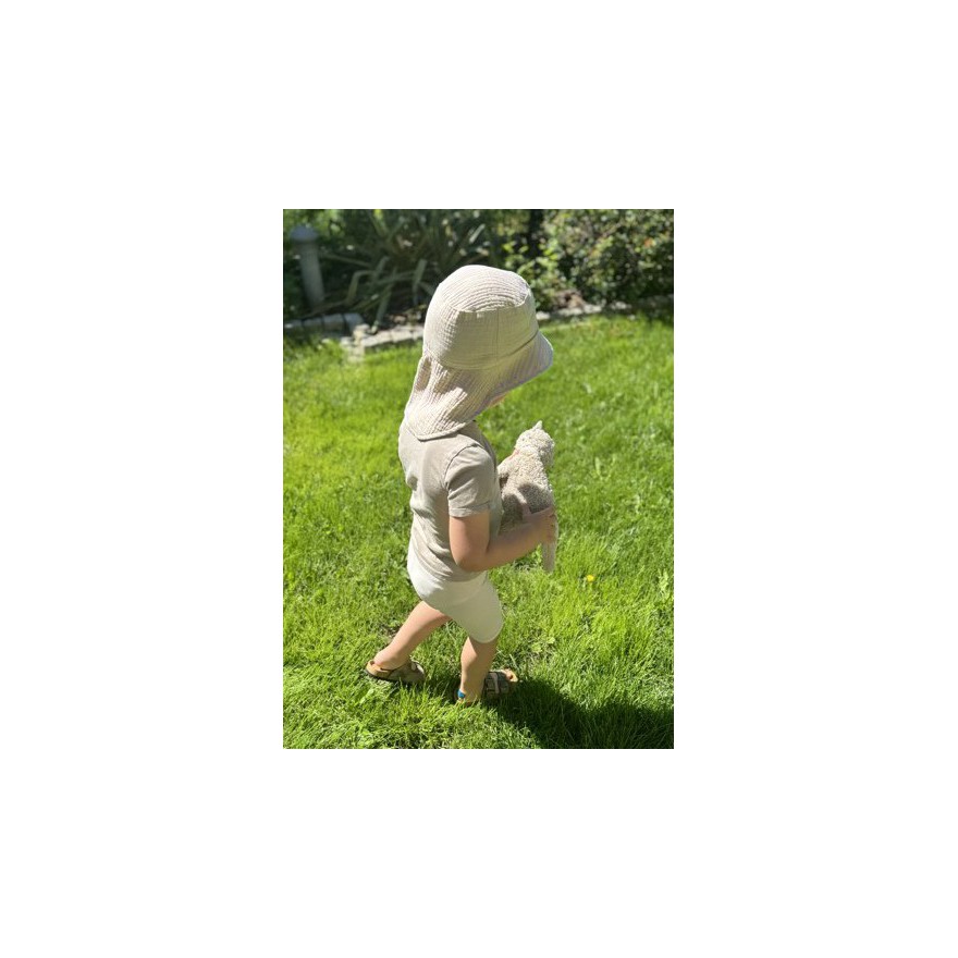 Beżowy KAPELUSZ MUŚLINOWY z ochroną na kark CZAPKA na lato