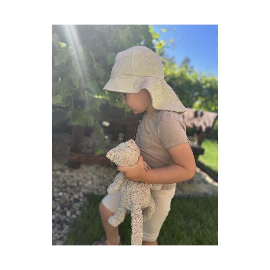 Beżowy KAPELUSZ MUŚLINOWY z ochroną na kark CZAPKA na lato