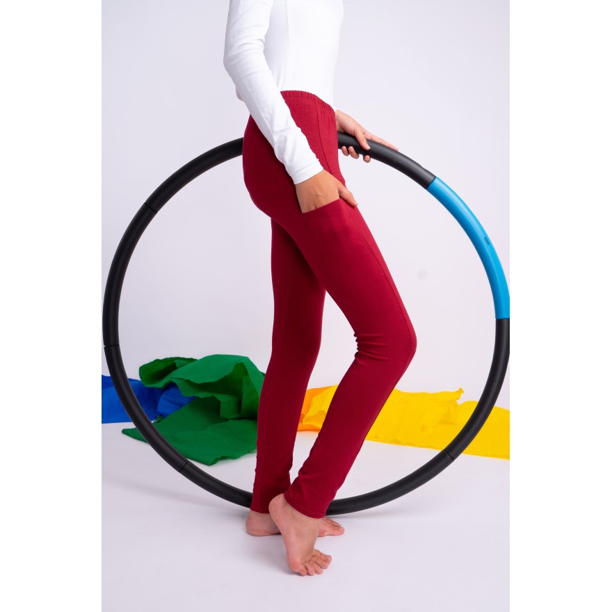 Bordowe LEGGINSY Z KIESZENIAMI długie bawełniane getry dziewczęce