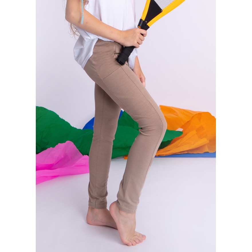 Beżowe LEGGINSY Z KIESZENIAMI długie bawełniane getry dziewczęce
