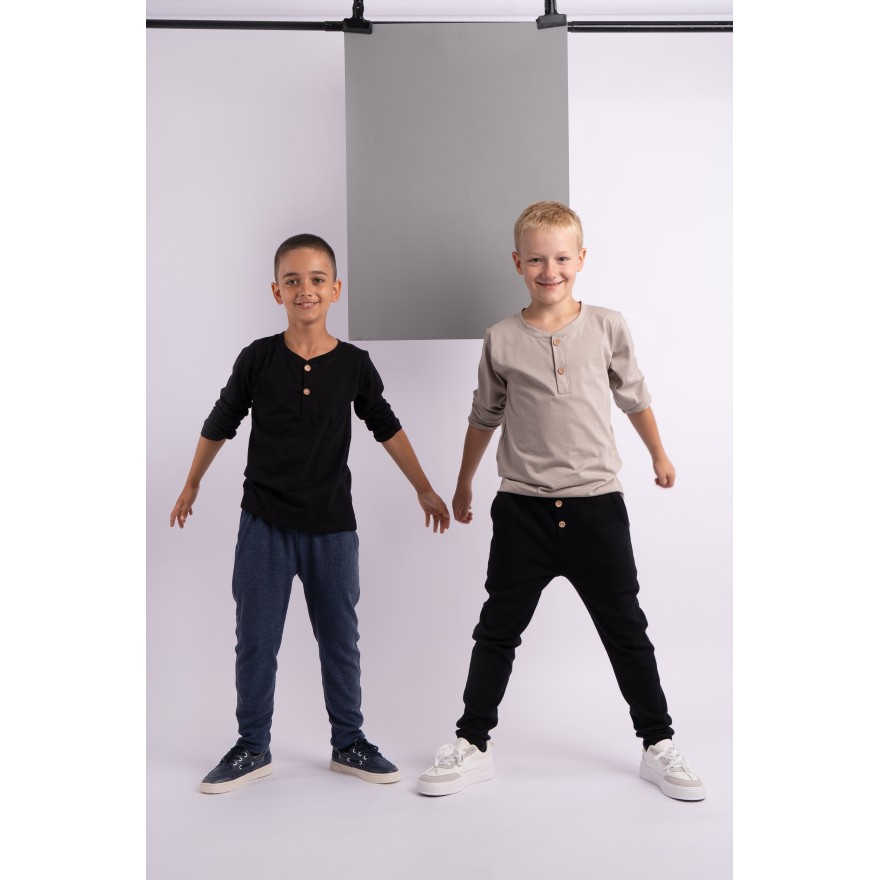 Szaro - beżowa chłopięca bluzka KOSZULKA Z GUZIKAMI elegancka długi rękaw szkoła