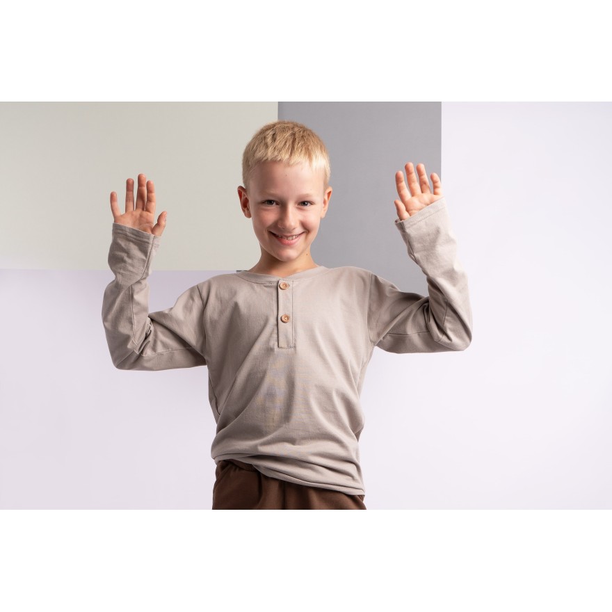 Szaro - beżowa chłopięca bluzka KOSZULKA Z GUZIKAMI elegancka długi rękaw szkoła