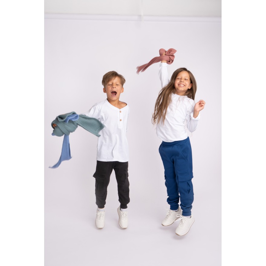 Granatowe BOJÓWKI z kieszeniami spodnie bawełniane PRĄŻEK regulowane w pasie