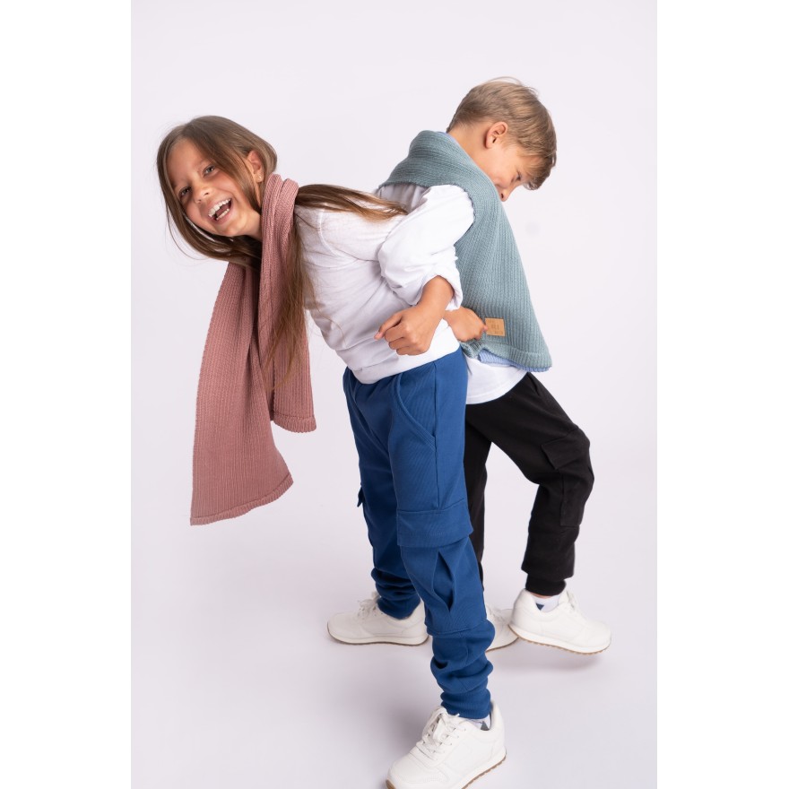 Granatowe BOJÓWKI z kieszeniami spodnie bawełniane PRĄŻEK regulowane w pasie