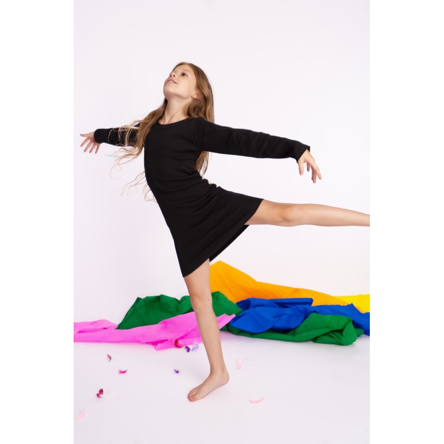 Czarna SUKIENKA ołówkowa bawełniana z prążka dopasowana długi rękaw prążek szkoła