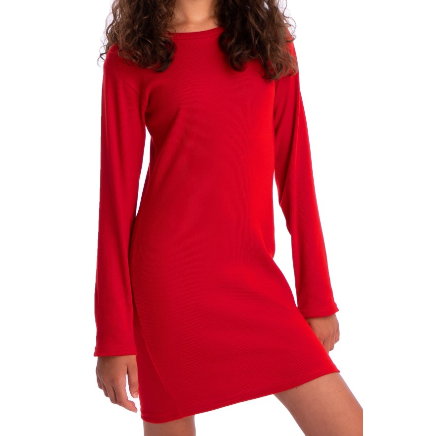 Czerwona SUKIENKA ołówkowa bawełniana z prążka dopasowana długi rękaw prążek święta