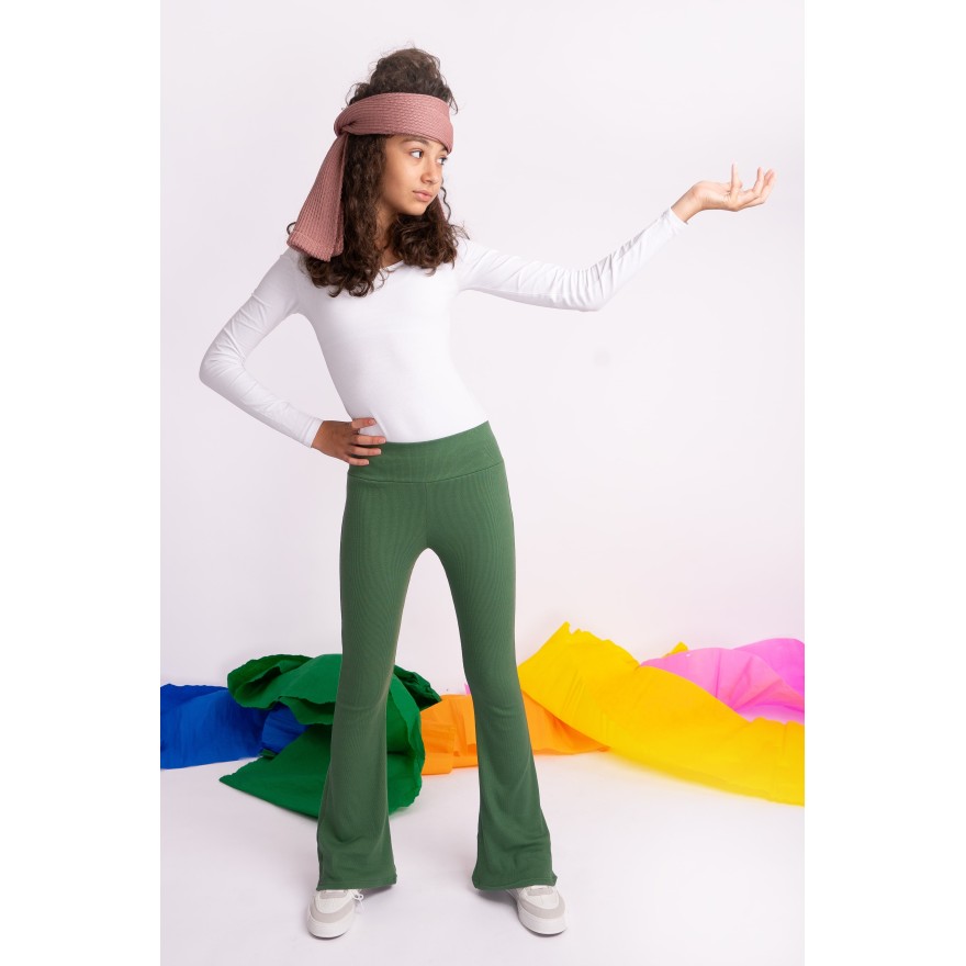 Khaki SPODNIE legginsy FLARE getry rozszerzane dzwony PRĄŻEK regulowane w pasie