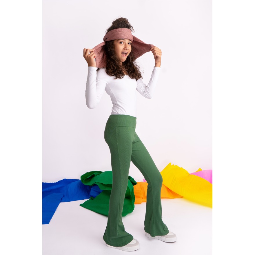 Khaki SPODNIE legginsy FLARE getry rozszerzane dzwony PRĄŻEK regulowane w pasie