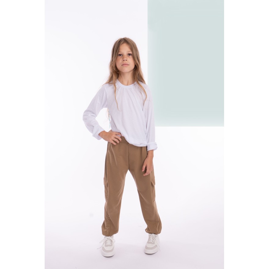 Beżowe SPODNIE BOJÓWKI dresowe z kieszeniami dresówka PĘTELKA regulowane w pasie