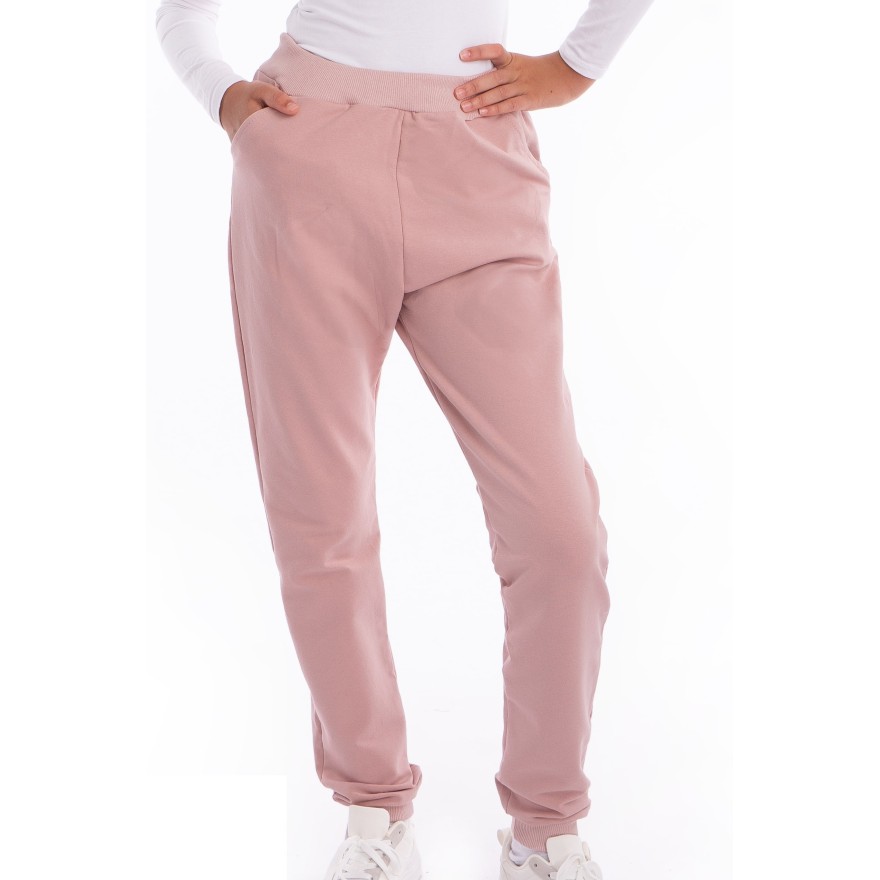 Różowe SPODNIE DRESOWE dresówka PĘTELKA gładkie regulowane w pasie