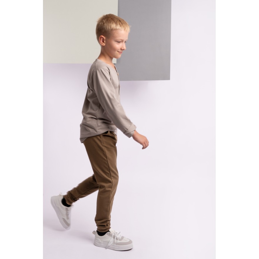 Brązowe SPODNIE DRESOWE dresówka PĘTELKA gładkie regulowane w pasie