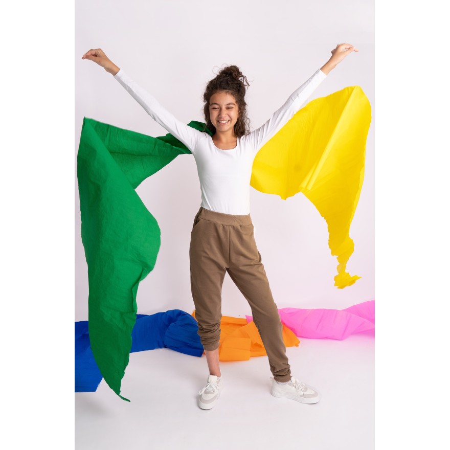 Brązowe SPODNIE DRESOWE dresówka PĘTELKA gładkie regulowane w pasie