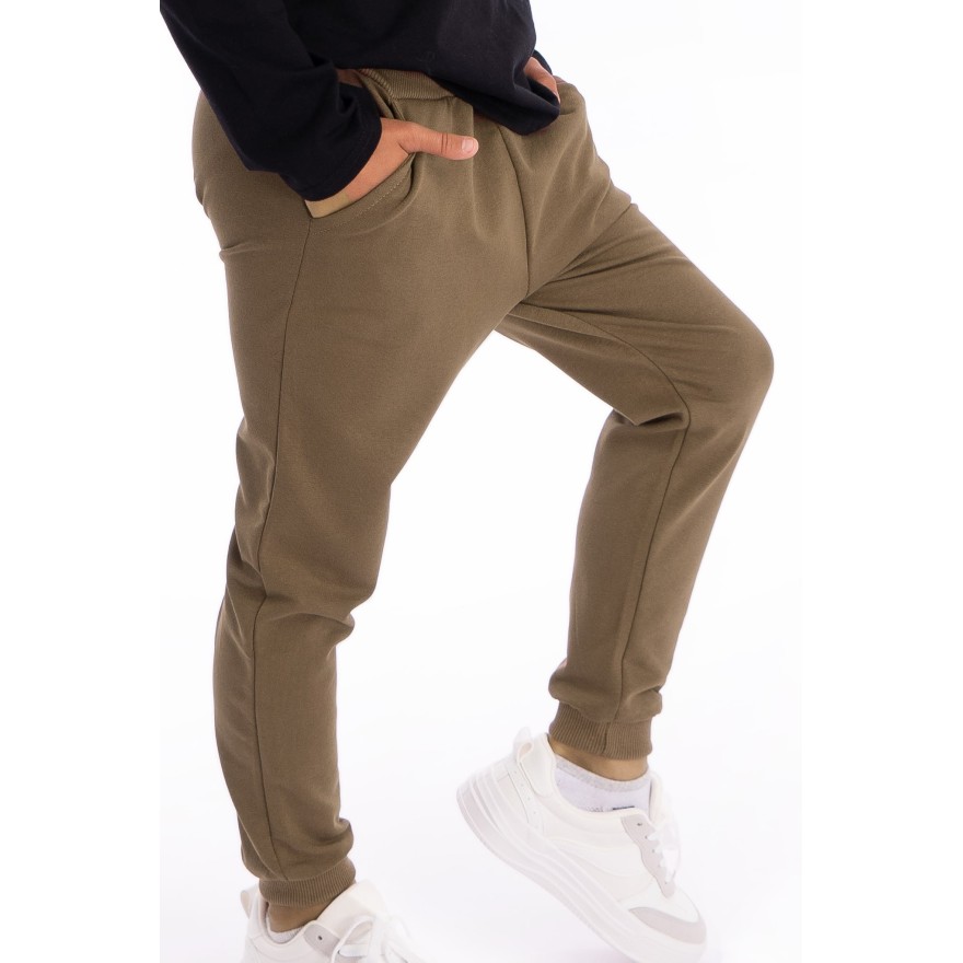 Brązowe SPODNIE DRESOWE dresówka PĘTELKA gładkie regulowane w pasie