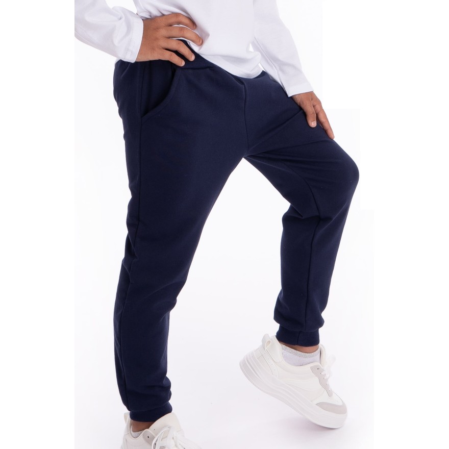 Granatowe SPODNIE DRESOWE dresówka PĘTELKA gładkie regulowane w pasie