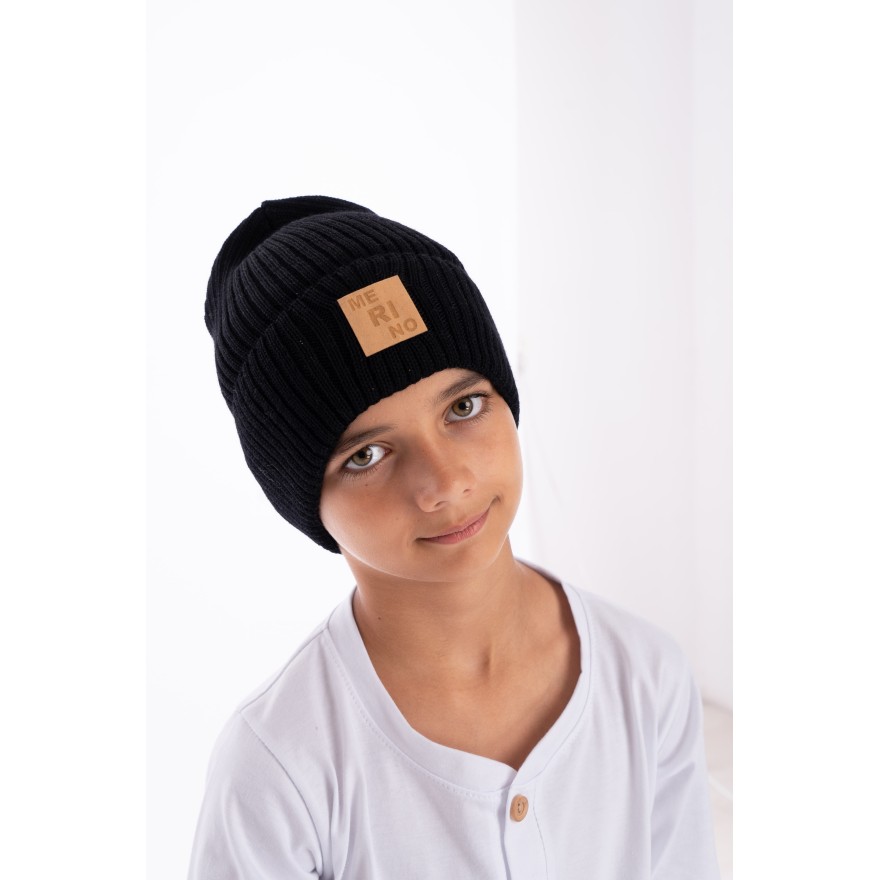 Merino czapka czarna 100% wełna podwijana jesień zima