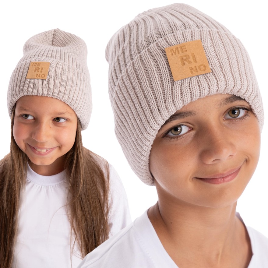 Merino czapka beżowa 100% wełna podwijana jesień zima